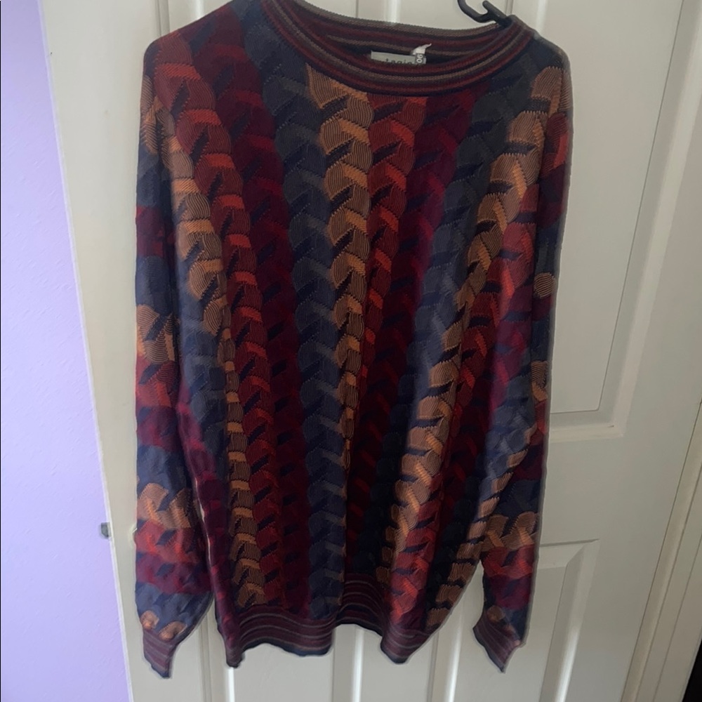 Vintage 80s Red and Blue Crewneck Sweater with Geometric Design